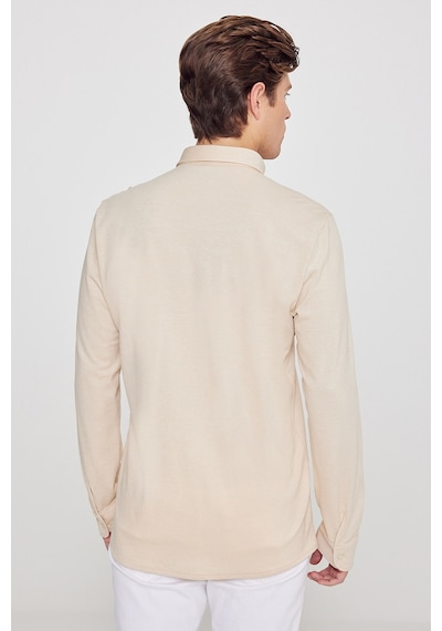 AC&Co / Altınyıldız Classics Erkek Bej Pamuklu Tailored Slim Fit Dar Kesim Düğmeli Yaka Örme Gömlek