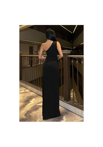 Lior Design Kadın Trend Model Sandy Kumaş Tek Omuz Balık Kesim Abiye Elbise Siyah
