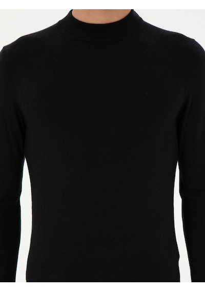 Cacharel Siyah Slim Fit Kaşmir İpek Karışımlı Çeyrek Balıkçı Yaka Triko Kazak