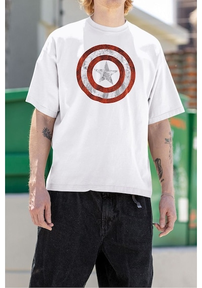 Kaptan Amerika Logo Baskılı Unisex Oversize Marvel Tişört Beyaz