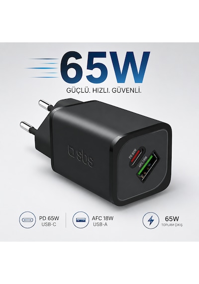 Sbs 65w Gan Hızlı Şarj Adaptörü Usb-c Pd 65w + Usb-a Afc 18w Laptop, Tablet Ve Telefon Uyumlu Avrupa Tipi Fiş