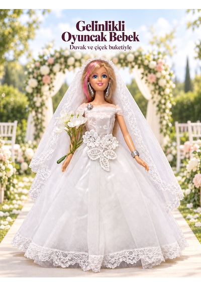 Halley Gelinlikli Moda Oyuncak Bebek - Duvaklı & Buketli - Sarı Uzun Saçlı