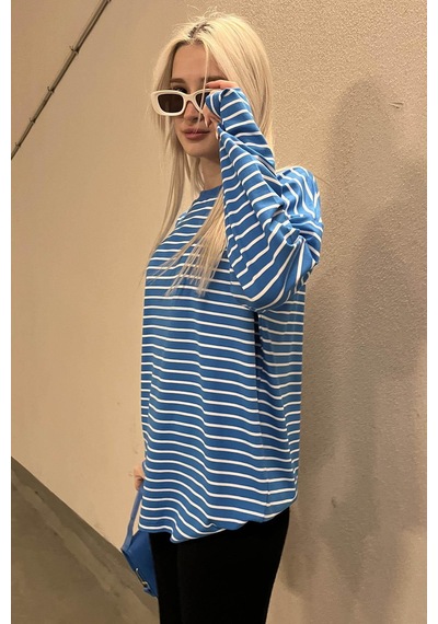 Madmext Mavi Çizgili Sweatshirt Mg980 Mavi