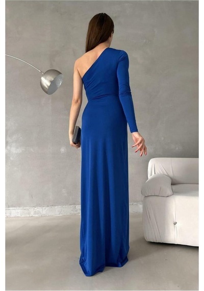 DefyModa Kadın Saten Kumaş Tek Omuz Dekolteli Maxi Abiye Elbise Saks