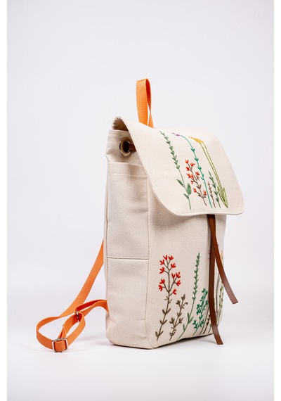 Fabric Craft Bag Sırt Çantas Kanvas Nakışlı Ayarlanabilir Krem Rengi Krem