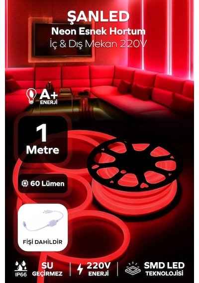Neon Esnek Hortum Şerit Led Kırmızı Rengi 220v Fiş/1,2,3,4,5,10,15,20,25,30,50,100 Metre 1 Metre