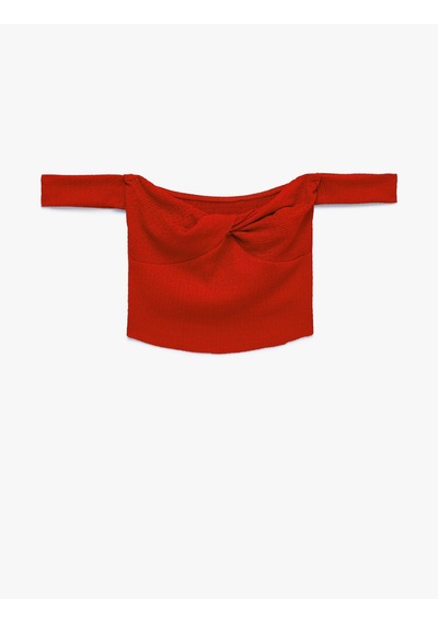 Koton Koton X Şahika Ercümen - Bürümcük Kumaş Kalp Yaka Düğüm Detaylı Omzu Açık Crop Top Kırmızı 6sak10451ek