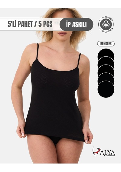 Alya Underwear %100 Pamuk Kumaşlı İp Askılı Kadın Atlet Jakarlı Ribana Kalp İşlemeli 5'li Paket Beyaz Siyah