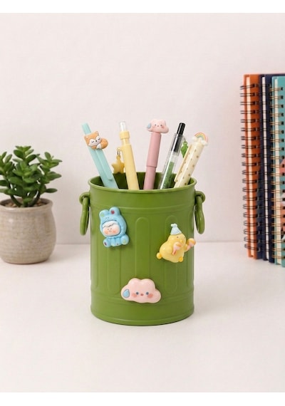 Sevimli Stickerlı Masaüstü Kalemlik Organizer - Yeşil
