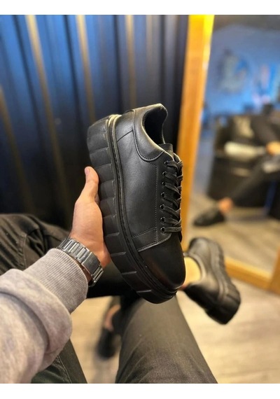 Ay Mood Jy144 Volt Bağcıklı Cilt Erkek Günlük Sneaker Yüksek Taban Ayakkabı Cst Siyah