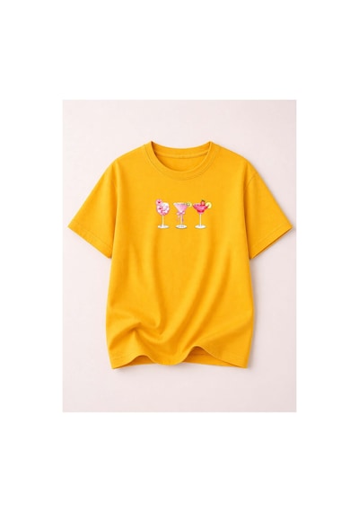 Herkesemoda Summer Baskı Detaylı Kadın Bisiklet Yaka Pamuklu T-shirt Sarı