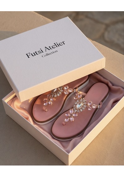 Futsishoes Julıette Pembe Hakiki Deri Taş İşlemeli Parmak Arası Kadın Terlik