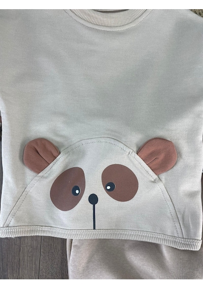 Bebicix Oversize Şerit Detaylı Yumuşak Doku Bereli Erkek Bebek 3'lü Takım Krem