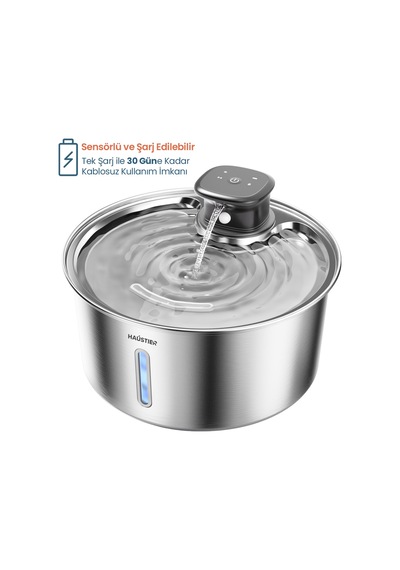 Haustier Wf05 Otomatik Kablosuz Kedi Su Pınarı, Sensörlü , Bataryalı , Ultra Sessiz, Çelik , 3.2lt Hazne