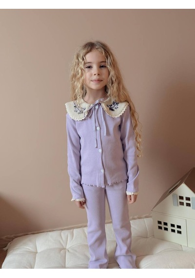 Miniko Kids Kız Çocuk Yaka Dantelli Fitilli Kaşkorse Bayramlık Taytlı Takım Lila