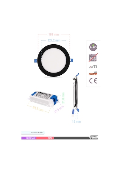 ACK 12W Sıva Altı Yuvarlak LED Panel Armatür Siyah Gövde 6500K Be Siyah