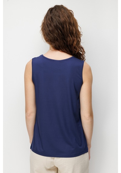 Desen Triko Kadın Sıfır Yaka Yaka Kenarı Zincirli Askılı Penye T-shirt 26708 Lacivert Lacivert