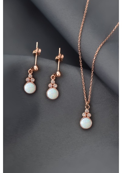 Papatya Silver 925 Ayar Gümüş Rose Kaplama Beyaz Opal Yuvarlak Kolye ve Çift Çivili Küpe Set