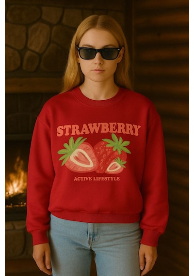 Benroma 3 İplik Penye Strawberry Baskılı Unisex Sweatshırt Kırmızı