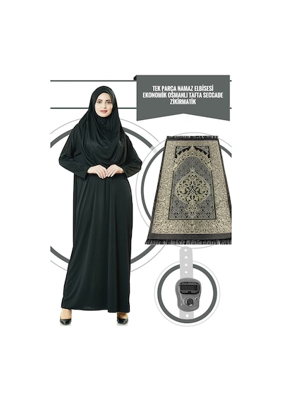 Tek Parça Namaz Elbisesi - Siyah - 5015  ve  Seccade  ve  Zikirma Siyah