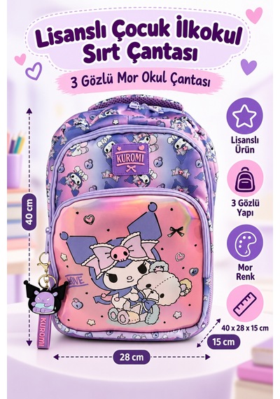 Kuromi Lisanslı Çocuk İlkokul Çantası Mor 3 Gözlü Okul İçin Sırt Çantası Modeli 40 X 28 X 15 Cm Çok Renkli