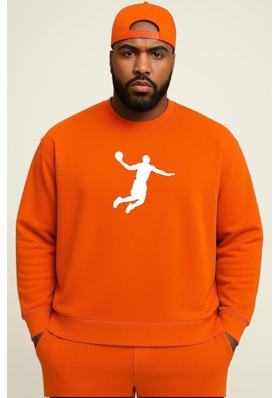 Benroma 3 İplik Penye Basketbolcu Baskılı Büyük Beden Unisex Sweatshırt Turuncu