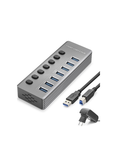 Usb 3.0 Anahtarlı Güç Adaptörlü Hub 7 Port 5 Gbps Gri Hdx7047