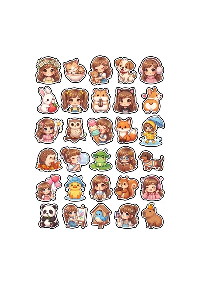30 Adet Sevimli Hayvan Ve Kız Sticker Seti - Laptop Defter Telefon Ajanda İçin Çok Renkli