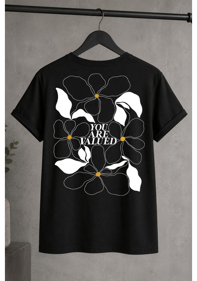 Spoyi Değer Çiçeği Tasarımlı %100 Pamuk Yarım Oversize Siyah T-shirt