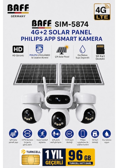 SIM-5874 Çift Solar Panelli 4g Sım Kartlı 3 Lensli Ptz Akıllı Dış Mekan Güvenlik Kamerası Hd Suya Dayanıklı Ip Kamera + 96 GB SIM Kartı Dahil
