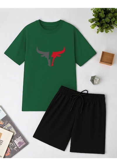 Uyguntarz Unisex Boğa Baskılı Tasarım Şort Takım Yeşil