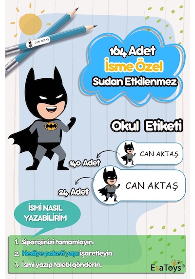 Batman Temalı Özel İsminiz Yazılı Okul Etiketi Diğer