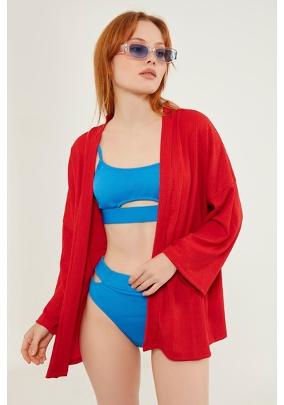 Meecy Kadın Kırmızı Katlı Yaka Boyfriend Örme Ceket Kırmızı Kırmızı