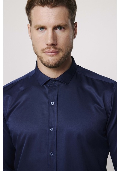 Tudors Modern Slim Fit Düz Saten Pamuklu Erkek Lacivert Gömlek-27728-lacivert Lacivert
