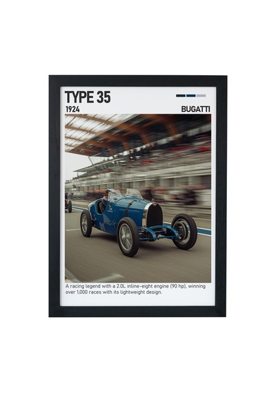 Bugatti Type 35 Ahşap Çerçeveli Poster Tablo Tarihi Yarış Aracı Siyah