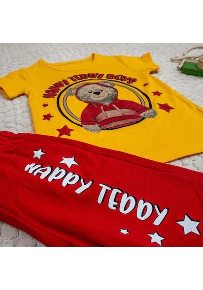 Momikon Erkek Çocuk Happy Teddy Boys Yazılı Pamuklu Takım Sarı