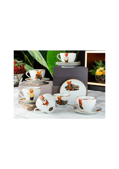 King Bear Porselen Ayıcıklı Çay Fincan Seti, 2 Kişilik, Altlıklı, Modern Tasarım, Beyaz Çok Renkli