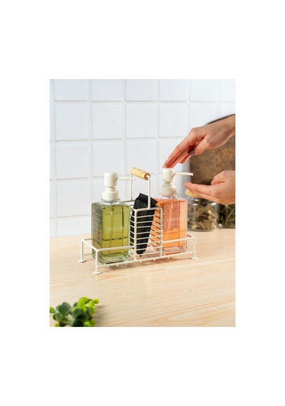 Buççin Online Mağaza Soft Dokulu Metal Stantlı 500 Ml İkili Kare Cam Sıvı Sabunluk Deterjanlık Metal Krem Çok Renkli
