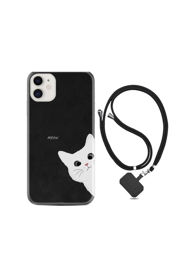 Iphone 11 Uyumlu Kılıf Resimli Desenli Silikon Boyun Askılı Çılgın Kedi 1895
