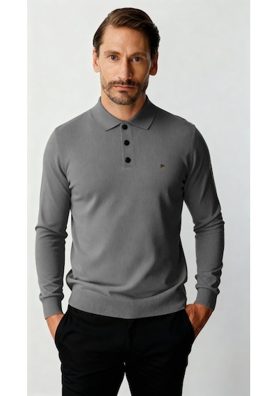 İgs Gri Standart Fit Dar Kalıp Polo Yaka Düz Uzun Kollu Rayon Triko-21896 Gri
