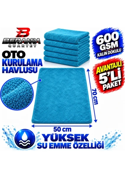 Mikrofiber Oto Kurulama Havlusu Turkuaz 50 70 Cm 600 Gsm Kalın Dokulu Avantajlı 5 Li Paket Beranna Quartet