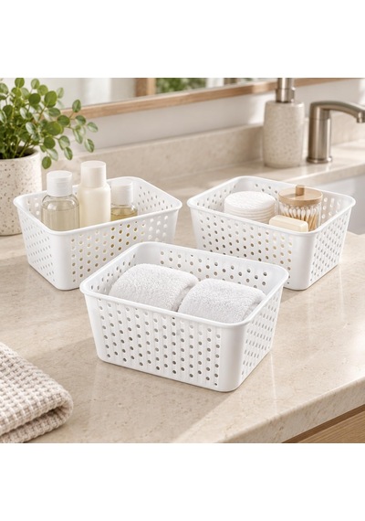 3 Adet Beyaz Plastik Sepet Düzenleyici Organizer Seti, Çok Amaçlı Delikli Saklama Sepeti, Çekmece İçi Ve Dolap İ Diğer
