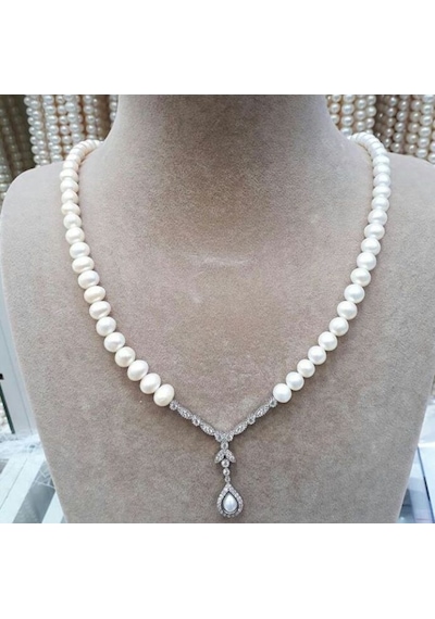 925 Ayar Gümüş Inci Damla Gerdanlık Kolye - 8 Mm. Inci