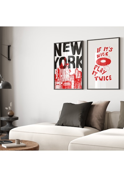2'li New York And Music Dekoratif Poster Tablo Siyah Çerçeveli