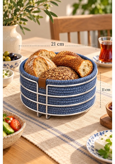 Parlak Silver Yuvarlak Ekmek Sepeti, Ekmeklik Sunum Sepeti, Turkuaz Makrome Çok Amaçlı Paslanmaz Metal Çok Renkli