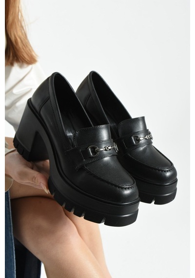 Dabab Shoes Chonora Kadın Siyah Cilt Zincir Detaylı Kalın Taban Topuklu Loafer Siyah - Siyah