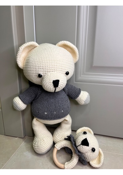 Amigurimi Gri Kazaklı Oyuncak Ayıcık Ve Çıngırak&bebek Hediyesi 30 Cm