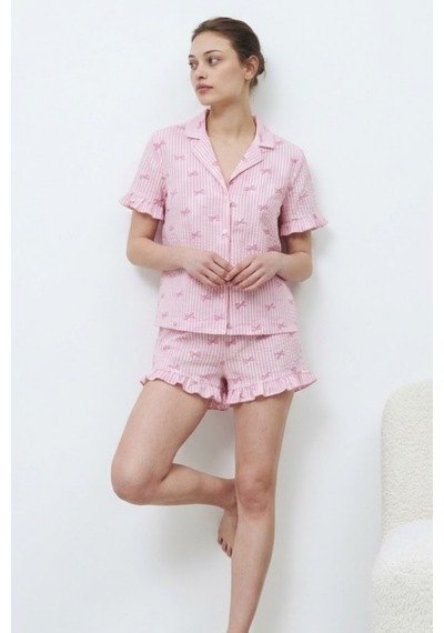 Kadın Premium Fırfırlı Pembe Pijama Takımı
