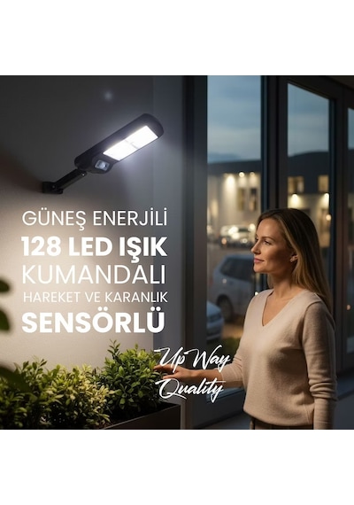 Upway Güneş Enerjili 128 Led Duvar Lambası - 1000 Lm Su Geçirmez Aydınlatma