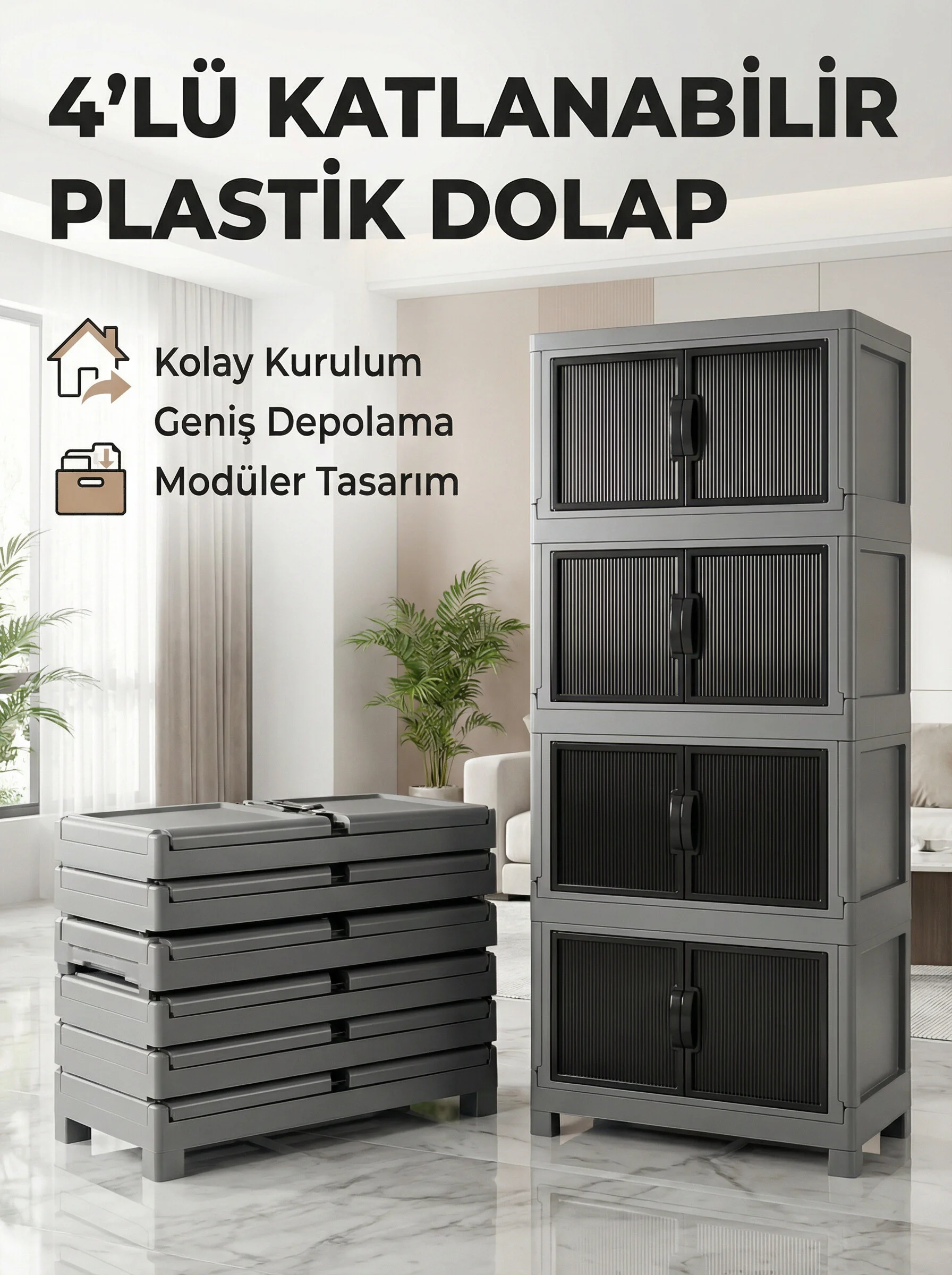 Ceritoğlu 4 Lü Katlanabilir Çok Amaçlı Plastik Dolap-kapaklı-dekoratif Ve Şık Görünüm Koyu Gri